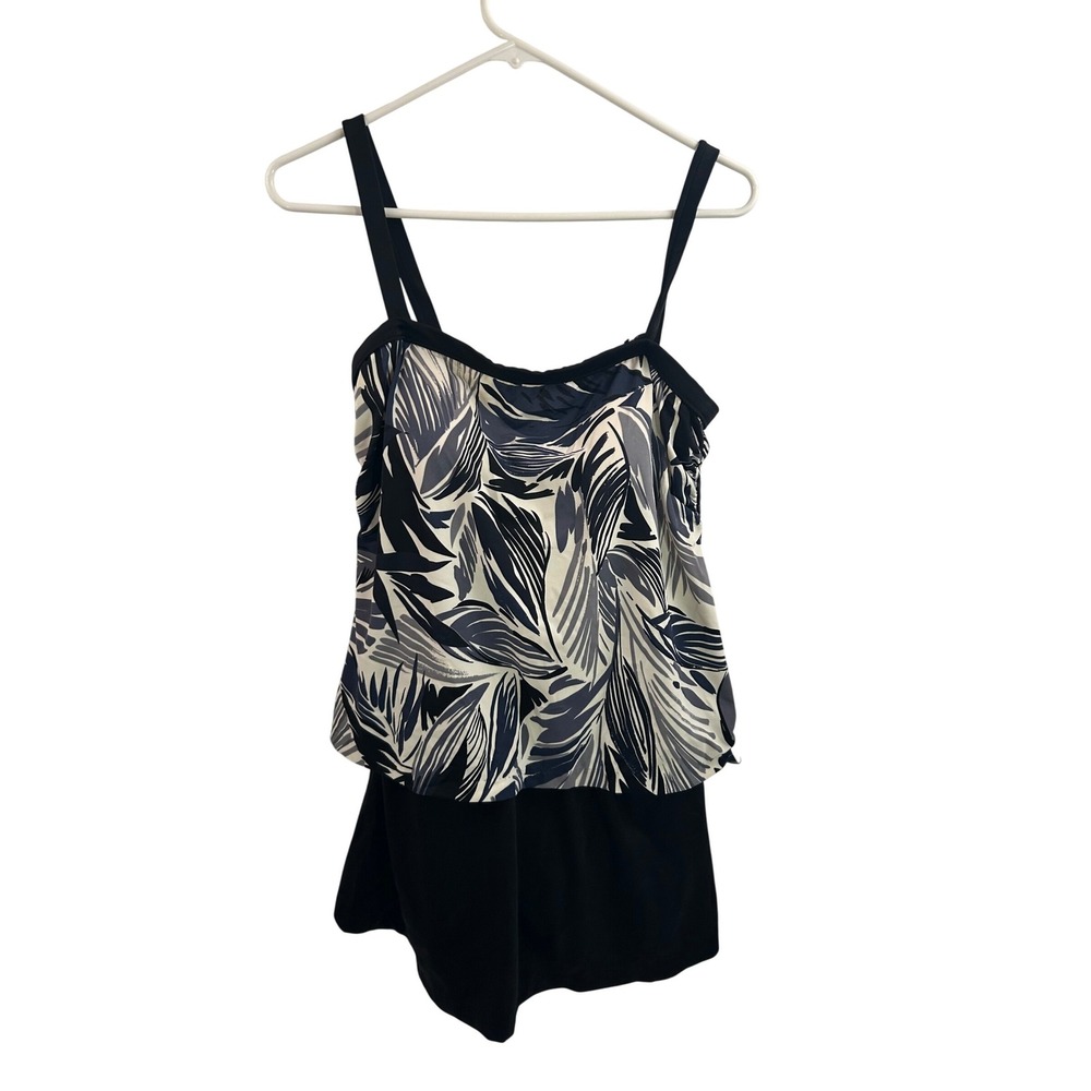 Maxine of Hollywood Swimdress 16 Navy Palm Leaf Blouson One Piece Women